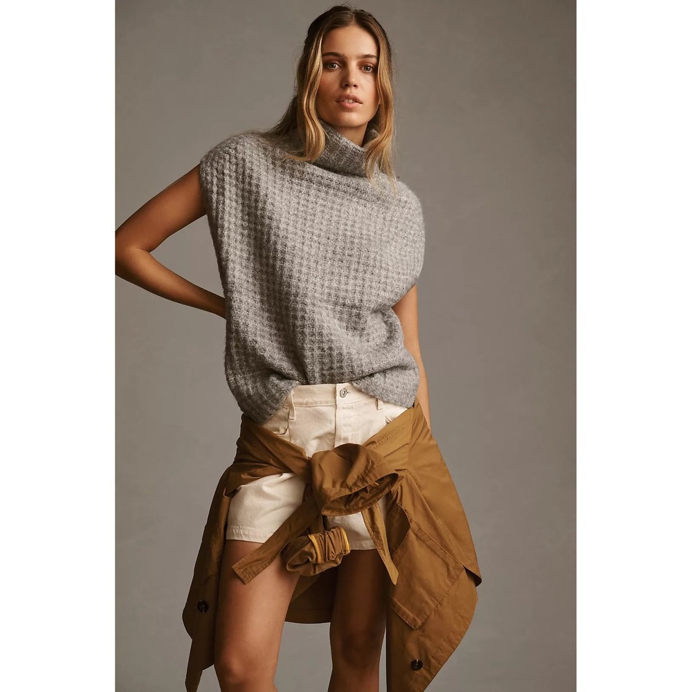 Anthropologie John + Jenn NWT Grey Waffle Knit Sleeveless Turtleneck‎ Sweater S